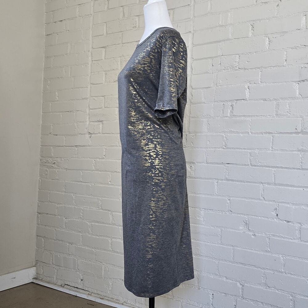 LuLaRoe Carly Dress Gray & Metallic Gold Foil Limited Edition Short Sleeve Dress - Picture 2 of 12